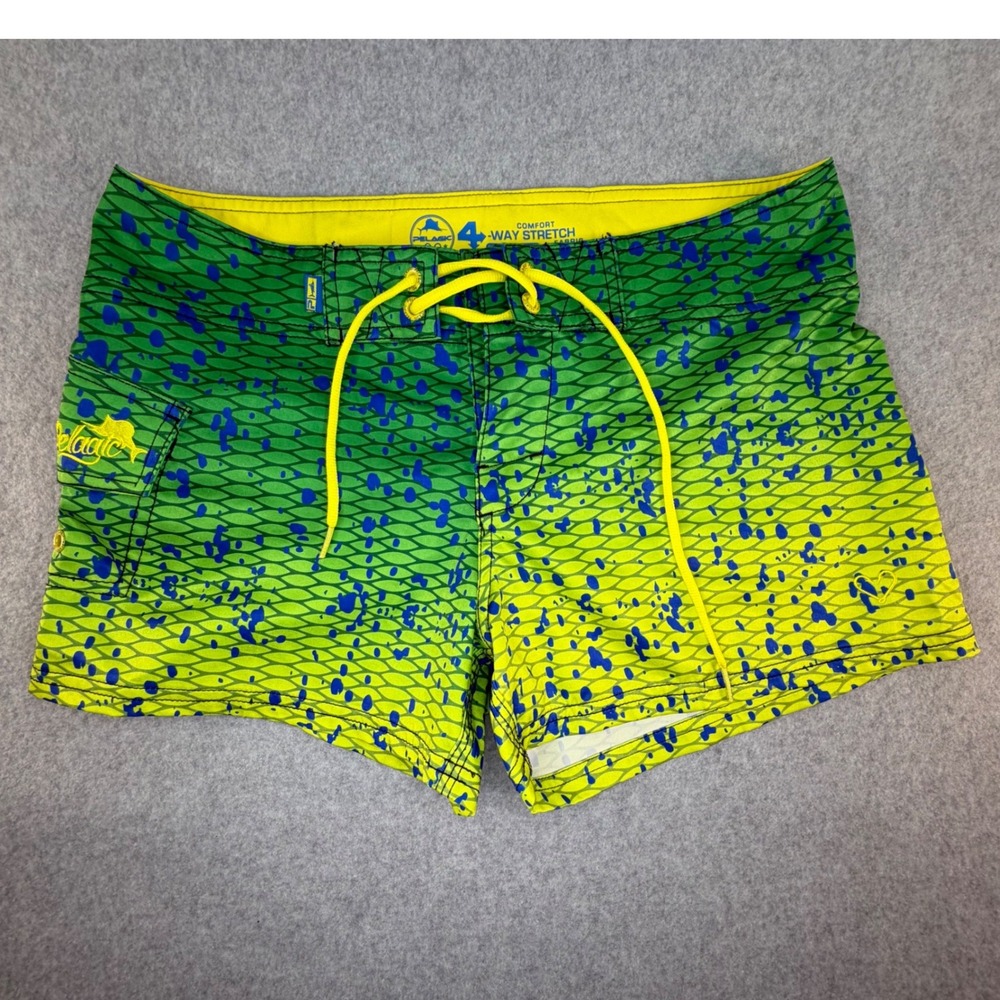 Pelagic Mahi Mahi Board Shorts Womens Medium Green Yellow Fishing Swim Trunks